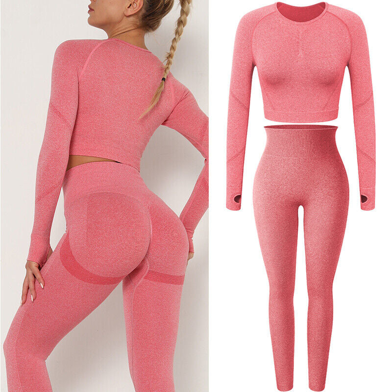 Women Comfort Long Sleeve Crop Top Yoga Suit Gym Leggings Pants Gym Workout Set